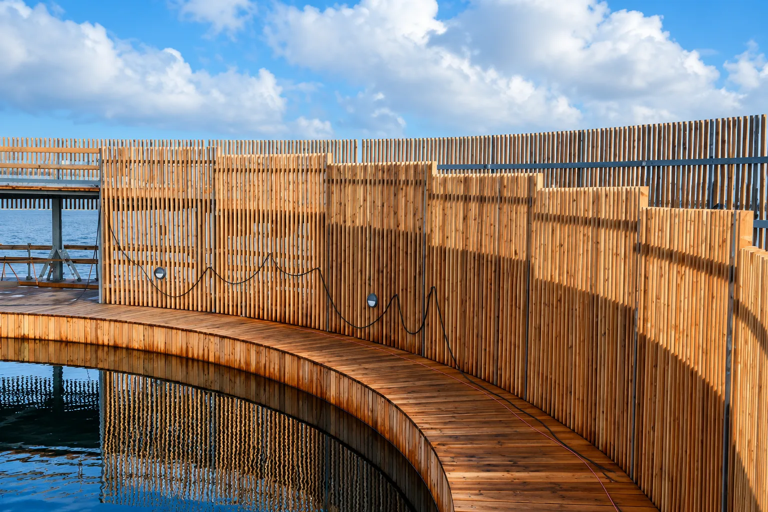 Curved walkway along the timber slats of the harbour bath