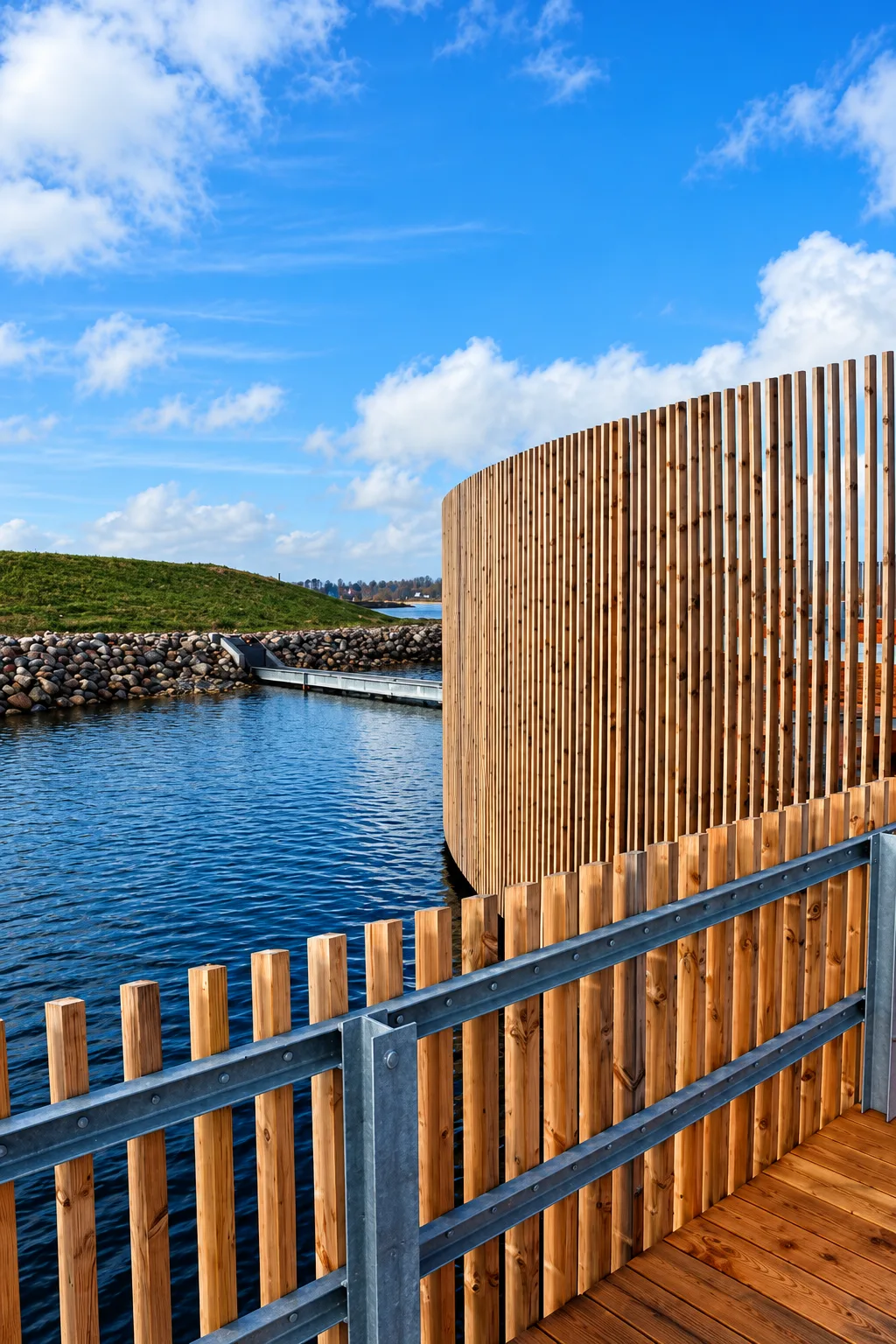 Galvanised guardrail by the timber slats of the harbour bath
