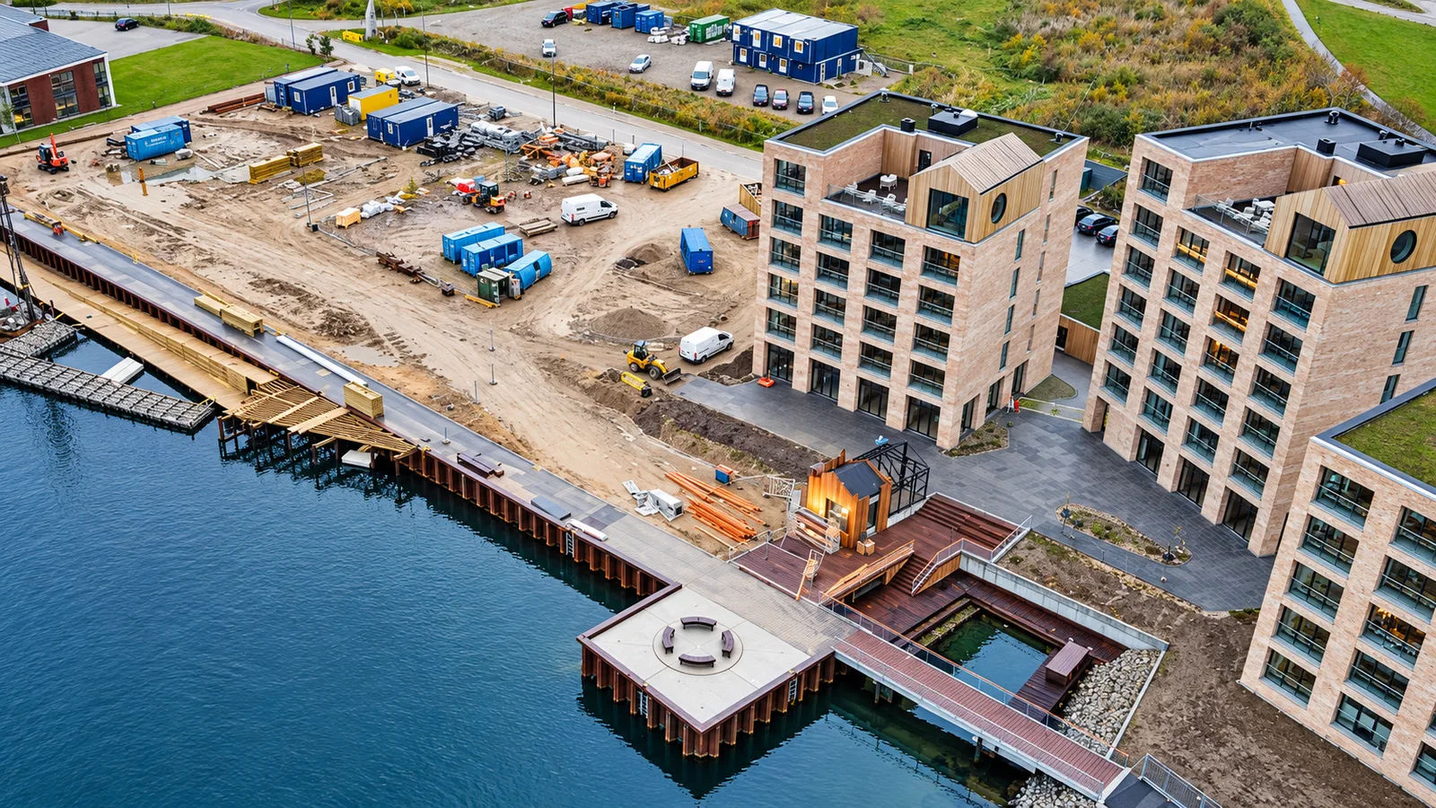Aerial view of the waterfront during construction at Sønderborg Havn